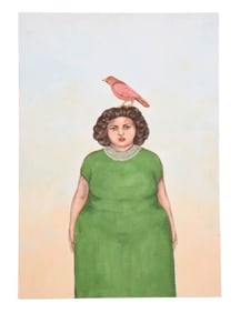 Elena Moaty Signed Acrylic Painting Woman & Bird