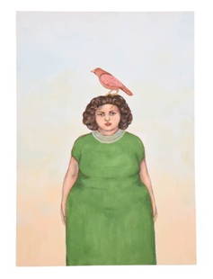 Elena Moaty Signed Acrylic Painting Woman & Bird: Elena Moaty Signed Acrylic Painting on Board Woman & Bird on Head Dated 2015, Unframed. Measures 28 inches x 20 inches.