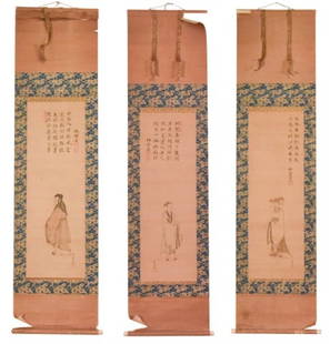 3 Antique 19th C Chinese Screens Featuring Scholar: 3 Antique 19th C Signed Chinese Screens Featuring Scholars. With some minor tearing at top and or bases by roller. Please see photos sold as is.