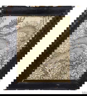 Antique Chinese Signed Ink Drawing of Dragon: Antique Chinese Signed Ink Drawing of Dragon in Painted Distressed Frame. Framed measures 26 inches x 22 inches.