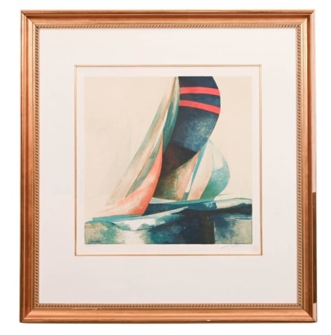 Claude Gaveau Signed Lithograph Sails: Claude Gaveau, French Born 1940, Signed and Numbered Lithograph Titled Barques en Bord De Mer, Framed. Framed measures 35 inches x 33 inches, art measures 28 inches x 22 inches.