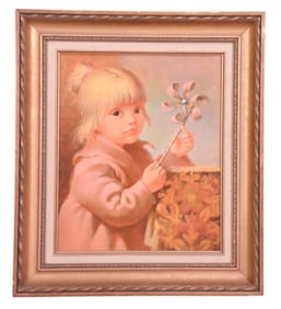 Signed Mid C Oil Painting Little Girl w Pinwheel