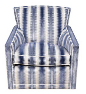 A. Rudin Upholstered Modernist Swivel Club Chair: A. Rudin Los Angeles Modernist Swivel Club Chair Style #712 Custom Upholstered in Cotton and Velour Blue Stripe w Down filled Cushion. Measures 32 inches x 31 inches x 31 inches, 18 inches to seat.