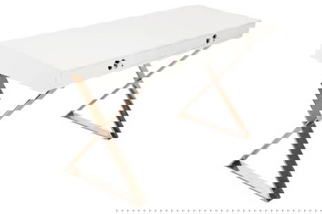 Jonathan Adler White Lacquer Chrome Channing Desk: Jonathan Adler White Lacquer and Chrome Channing Campaign Style Modernist Desk w Criss-Cross Legs and Acrylic Knobs. Measures 31 inches x 54 inches x 24 inches.