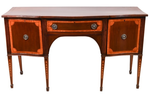 George III Satinwood Banded Mahogany Sideboard: Late 18th Century George III Hand Carved Satinwood Banded Mahogany Sideboard.Measures 35 x 59 x 22.