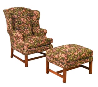 Custom Upholstered Wingback Chair with Ottoman