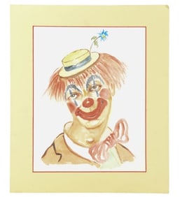 Signed Jules Clown Watercolor Painting on Paper
