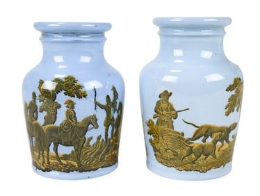 Pair Antique 19th C Blue Pratt Ware Pot Meat Jars