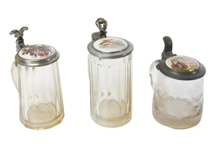 3 Antique 19th C German Glass Beer Steins