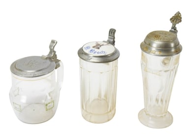 3 Antique 19th C German Glass Beer Steins
