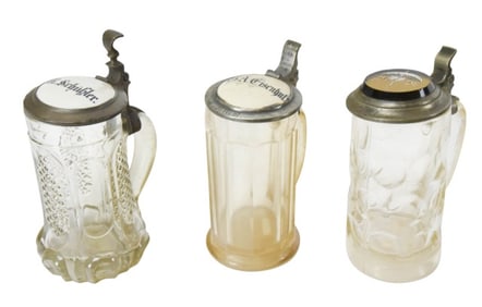 3 Antique 19th C German Glass Beer Steins