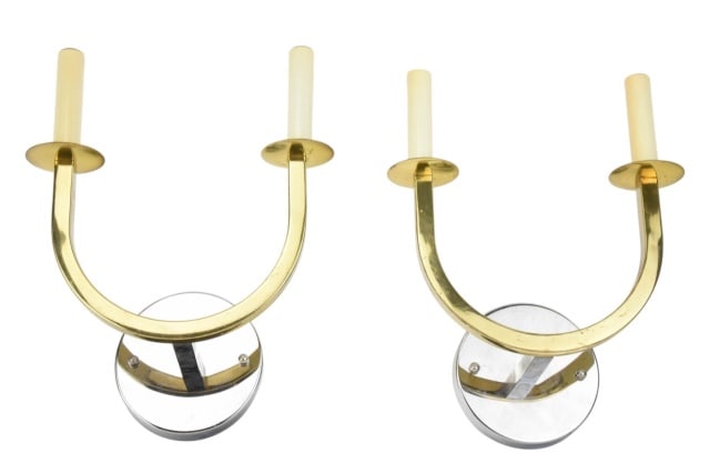 Pair Modernist Silver & Brass Tone 2-Arm Sconces (1 of 9)