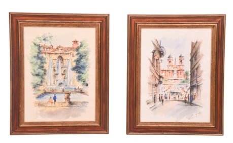 Pair Mid C Ink & Watercolor Paintings of Europe
