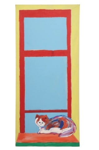 Jan Yager Signed Acrylic Painting Cat in Window: Jan Yager, American 1951-2024, Signed Oil Painting on Canvas of Cat in Window Dated 1986. Unframed measures 48 inches x 22 inches.