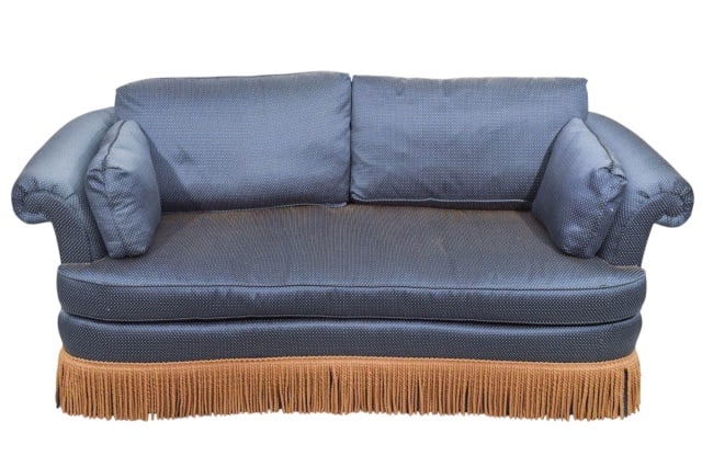Sherrill Traditional Rolled Arm Love Seat: Sherrill Traditional Custom Upholstered Rolled Arm Love Seat with Fringe.Measures 32 inches x 77 inches x 36 inches, seat height 18 inches.