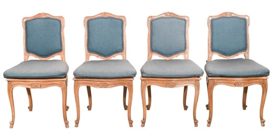 4 French Carved Upholstered Wicker Bottom Chairs