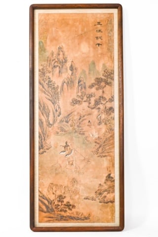 Antique Chinese Watercolor Scholar Riding Bull: Antique Chinese Singed Ink Wash & Watercolor Painting Scholar Riding Bull.Framed measures 40 inches x 16 inches.