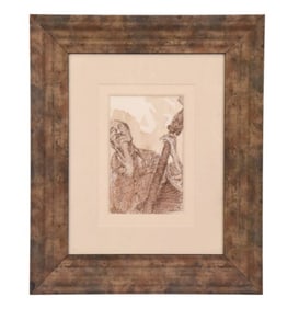 Framed Etching of Man Playing Stringed Instrument