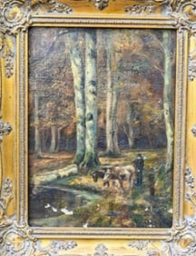 Antique 19th C Oil Painting Cattle Herding Forest