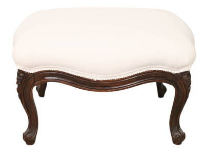 Antique French Provencal Carved White Linen Stool: Antique French Provencal Carved White Linen Stool. Measures 12 inches x 18 inches x 15 inches.