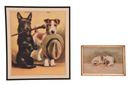 Pair Antique Scottish Terrier Artwork Pieces
