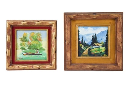 2 Mid C Folk Art Oil Paintings Matching Frames
