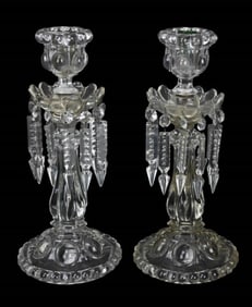 Pair Antique Pressed Glass Crystal Candle Lusters