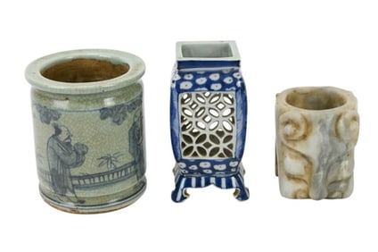 3 Chinese Porcelain Hand Painted Brush Pots