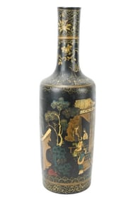 Chinese Famille Noir Black & Gold Long Neck Vase
