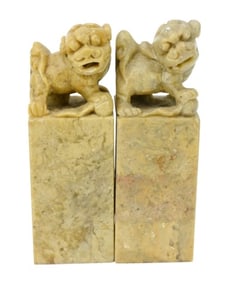 Pair Chinese Carved Soapstone Foo Dog Seal