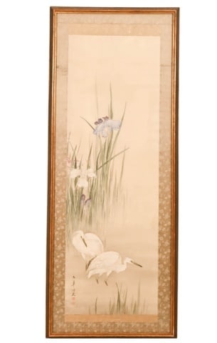 Antique Chinese Painting on Silk Egrets & Irises: Antique Chinese Painting on Silk of Egrets & Irises, Signed. Chinese text to the lower left corner. Professionally framed. Measures 56.5 inches x 22.5 inches.