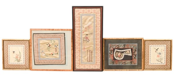 5 Chinese Embroidered Silk Panels in Frames