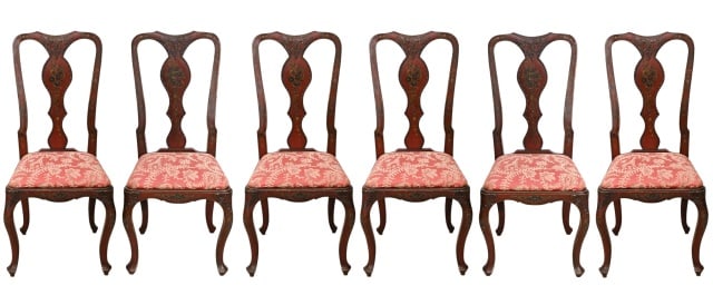 6 Antique Queen Anne Carved Painted Chairs