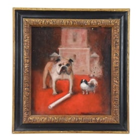 Bulldog and Japanese Chin Portrait oil on Panel