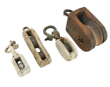 4 Antique Block & Tackle Wood & Iron Pulley's
