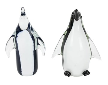 2 Murano Art Glass Penguin Statues Black & White