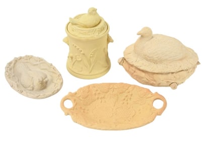 4 Antique English Caneware Pottery Containers