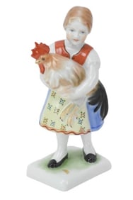 Herend Hungary Girl w/ Rooster Porcelain Figurine