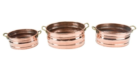 3 Copper & Brass Nesting Jardinieres w Handles