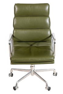 Herman Miller Eames Soft Pad Executive Chair: Herman Miller Eames Soft Pad Executive Green Leather Chair. Some wear to leather. Sold as isMeasures 40 inches x 24 inches x 20 inches, seat height 18 inches.