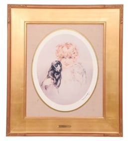 Louis Icart Woman w Dog & Cat Vintage Framed Print