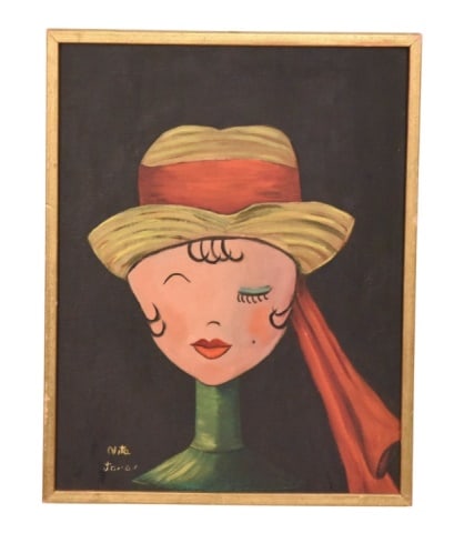 Nita Jonas Signed Oil Portrait of Winking Girl: Nita Jonas Signed Oil Painting Portrait of Mid Century Style Winking Girl. Measures 19 inches x 15 inches.