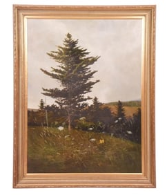 Signed 20th C Realist Oil Painting Mountain Field