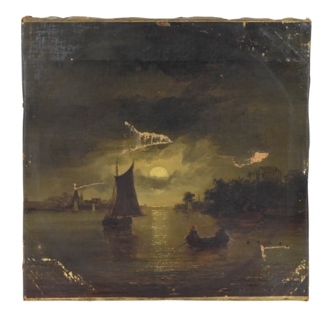Antique Oil Painting Attributed to John Constable: Attributed to John Constable Antique Harbor Scene Oil on Canvas Painting. Signed and Dated "London 1836"Heavy Damage on Canvas Needs Full Restoration. Please see all photos. Sold as is.Measures: 10.25