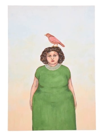 Elena Moaty Signed Acrylic Painting Woman & Bird: Elena Moaty Signed Acrylic Painting on Board Woman & Bird on Head Dated 2015, Unframed. Measures 28 inches x 20 inches.