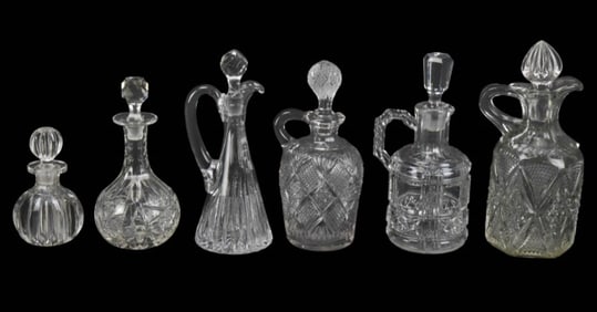 6 Vintage Glass Cruets w Matching Stoppers