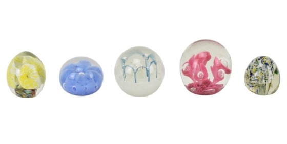 5 Vintage Floral and Bubble Art Glass Paperweights