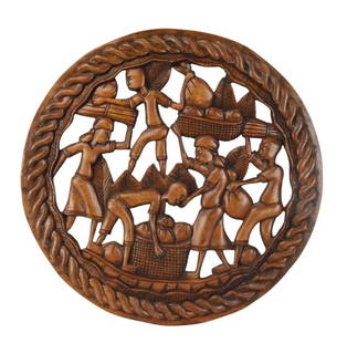 Haitian Hand Carved Wood Harvest Scene Wall Art: Vintage Haitian Hand Carved Wood Harvest Scene Wall Art Signed Abner in Verso.Measures 19 inches diameter