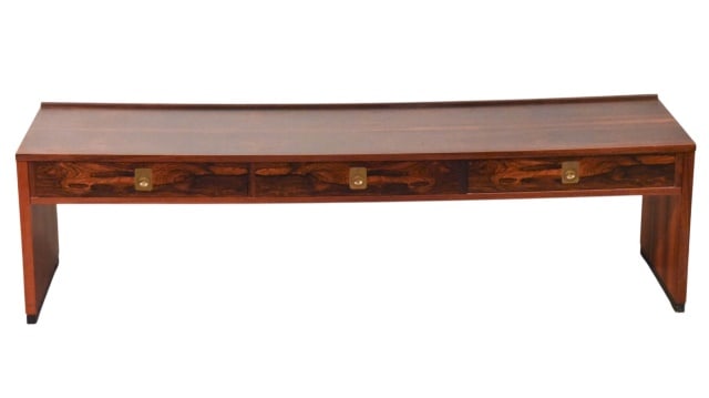 Mid Century Torbjorn Afdal for Bruksbo Bench: Mid Century Torbjorn Afdal for Bruksbo Bench with Three Drawer.Measures 16 inches x 59 inches x 16 inches.