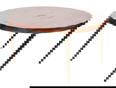 MCM Danish Mobelfabrik Rosewood Oval Table: Mid Century Modern Danish Mobelfabrik Rosewood Oval Dining Table with 4 Leaves.Top needs refinishing.Measures 29 inches x 60 inches x 43.25 inches.Leaves each measures 20 inches x 43.25 inches.